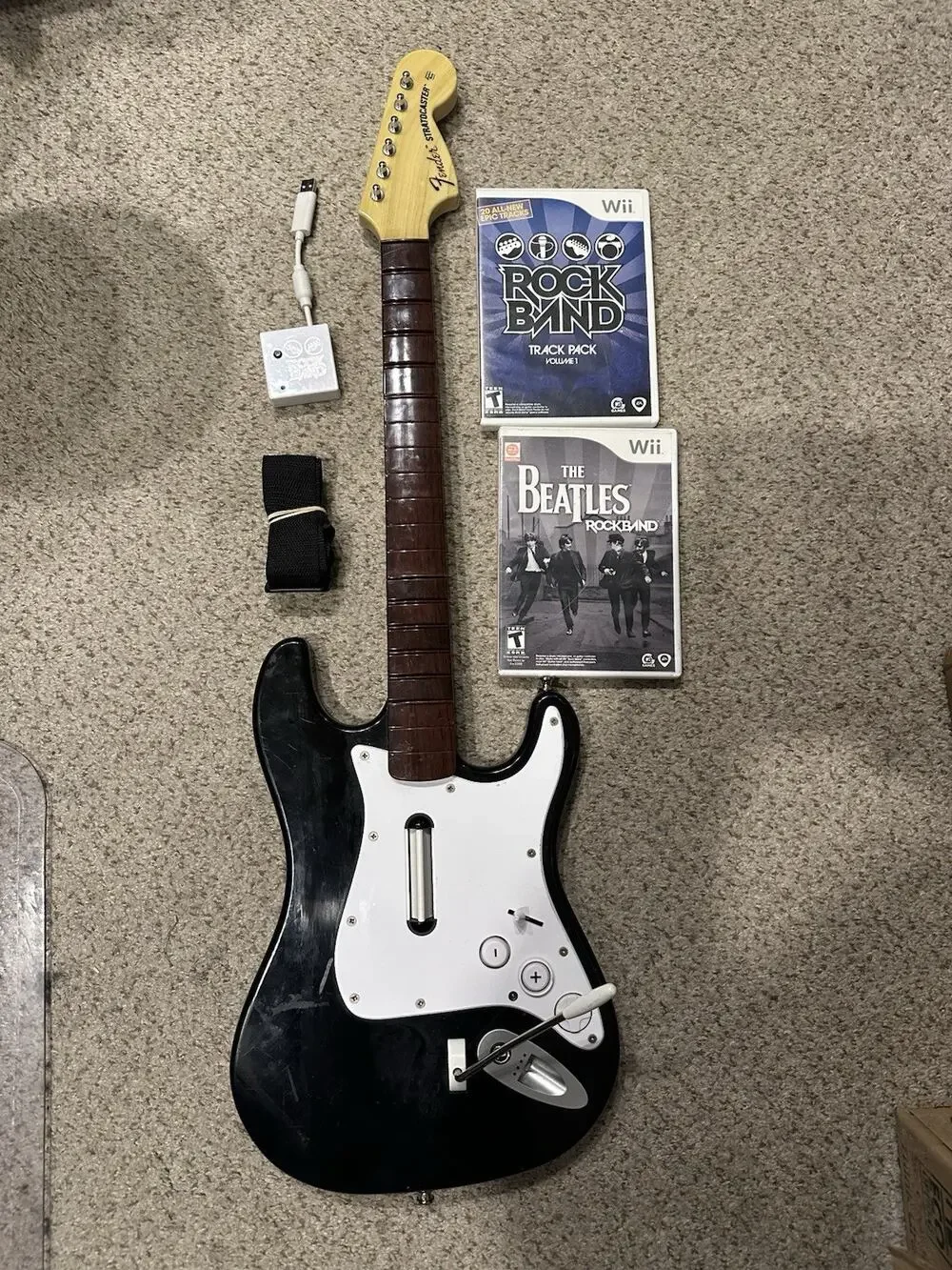 Nintendo Wii Rock Band Guitar w Dongle Strap 2 Games RockBand Track Pack Tested
